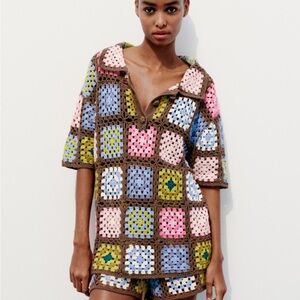 Crochet knit polo sweater